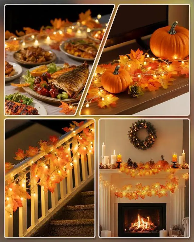 Alt view image 4 of 7 - Fall Decor 3-Pack Fall Leaf Garland with Lights, Total 24.6ft 60 LED Halloween String Lights, Thanksgiving Decorations for Home Holiday Autumn Indoor Friendsgiving Gift