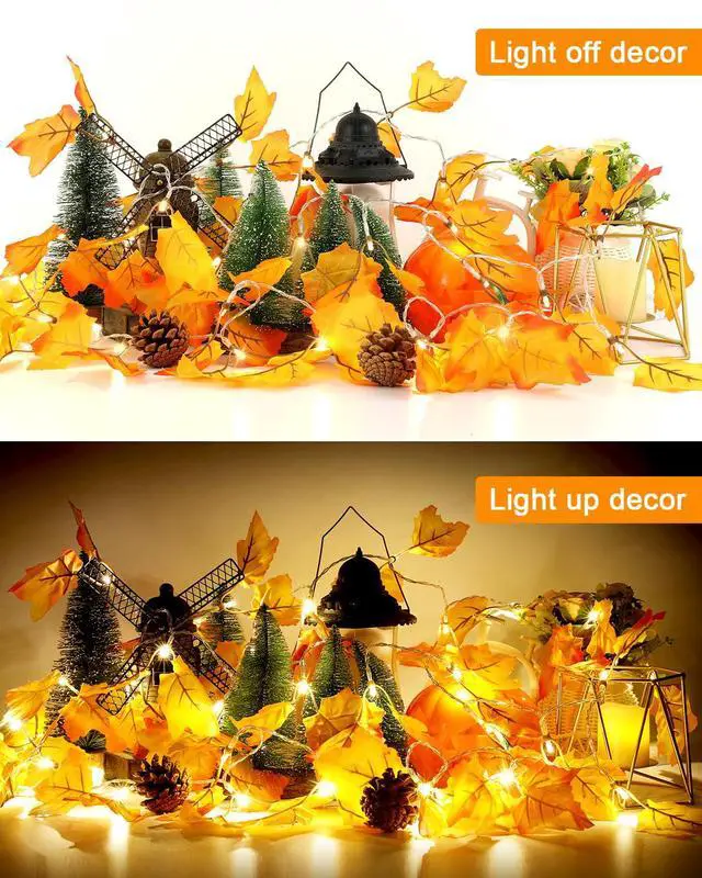 Alt view image 5 of 7 - Fall Decor 3-Pack Fall Leaf Garland with Lights, Total 24.6ft 60 LED Halloween String Lights, Thanksgiving Decorations for Home Holiday Autumn Indoor Friendsgiving Gift