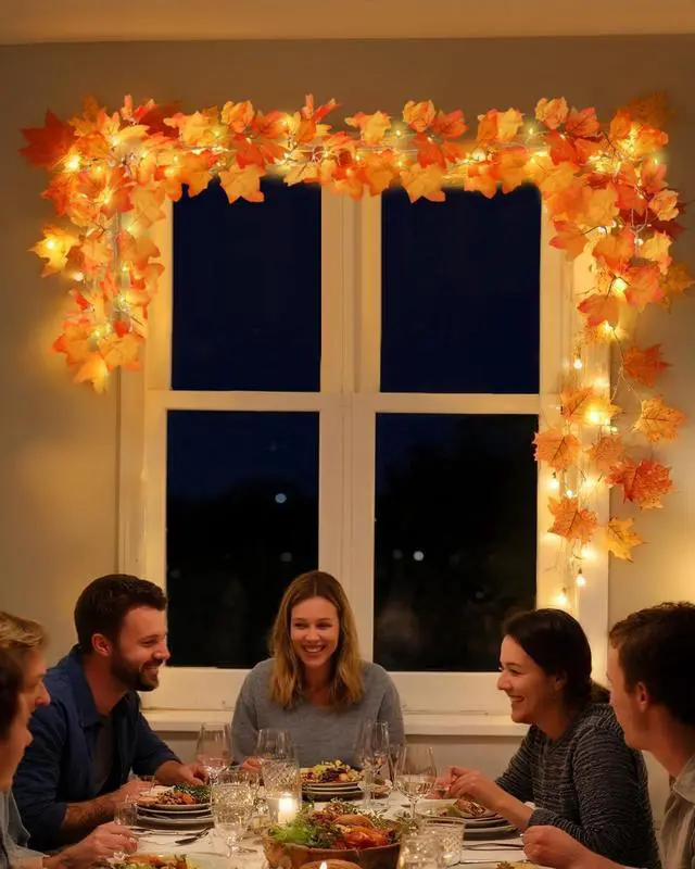 Alt view image 6 of 7 - Fall Decor 3-Pack Fall Leaf Garland with Lights, Total 24.6ft 60 LED Halloween String Lights, Thanksgiving Decorations for Home Holiday Autumn Indoor Friendsgiving Gift