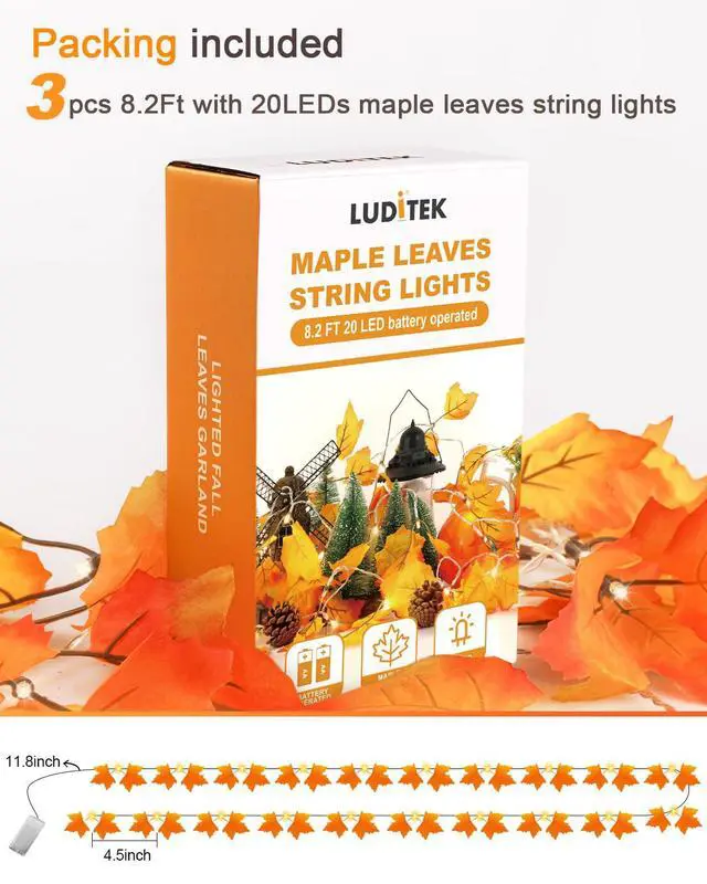 Alt view image 7 of 7 - Fall Decor 3-Pack Fall Leaf Garland with Lights, Total 24.6ft 60 LED Halloween String Lights, Thanksgiving Decorations for Home Holiday Autumn Indoor Friendsgiving Gift