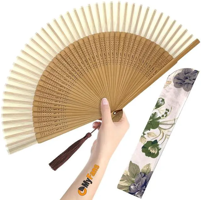 Main image of Hand Fan for Women Foldable - Folding Chinese Japanese Vintage Bamboo Silk Fan - Ideal for Hot Flashes, Church, EDM, Festivals, Dancing and Gifts (Bamboo-White)