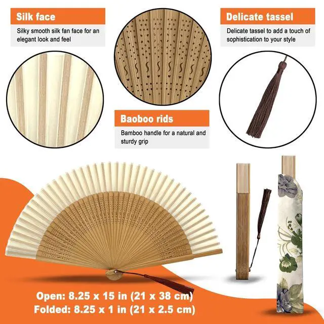 Alt view image 3 of 7 - Hand Fan for Women Foldable - Folding Chinese Japanese Vintage Bamboo Silk Fan - Ideal for Hot Flashes, Church, EDM, Festivals, Dancing and Gifts (Bamboo-White)