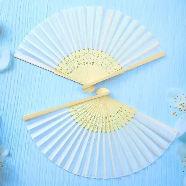 Alt view image 4 of 7 - 18 Pieces White Handheld Cloth and Bamboo Folding Fans for Wedding Decoration, Church Gifts, Party Favors, DIY Decoration