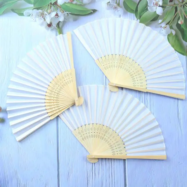 Alt view image 5 of 7 - 18 Pieces White Handheld Cloth and Bamboo Folding Fans for Wedding Decoration, Church Gifts, Party Favors, DIY Decoration