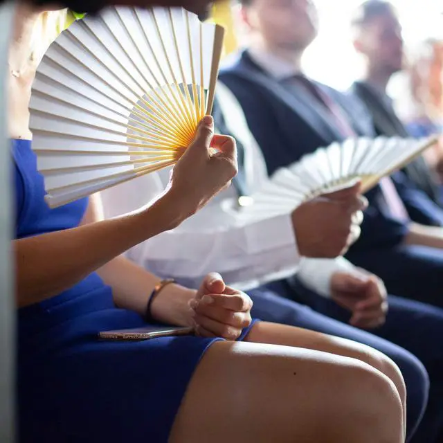 Alt view image 6 of 7 - 18 Pieces White Handheld Cloth and Bamboo Folding Fans for Wedding Decoration, Church Gifts, Party Favors, DIY Decoration