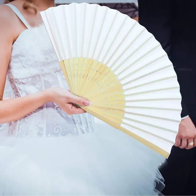 Alt view image 7 of 7 - 18 Pieces White Handheld Cloth and Bamboo Folding Fans for Wedding Decoration, Church Gifts, Party Favors, DIY Decoration