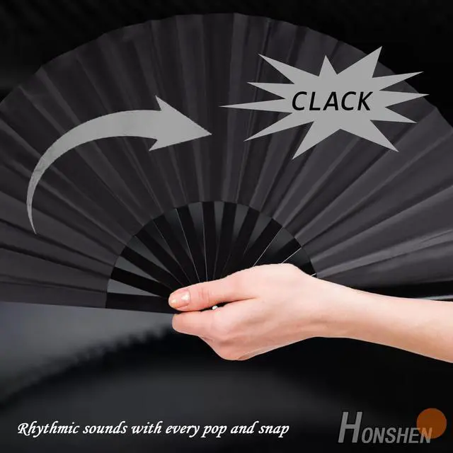 Alt view image 2 of 7 - Large Folding Hand Rave Fan for Men Women Dance Gift, Bamboo Nylon-Cloth Black Hand Fan 13 inch (Black Bamboo)