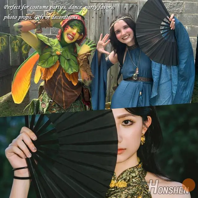 Alt view image 5 of 7 - Large Folding Hand Rave Fan for Men Women Dance Gift, Bamboo Nylon-Cloth Black Hand Fan 13 inch (Black Bamboo)