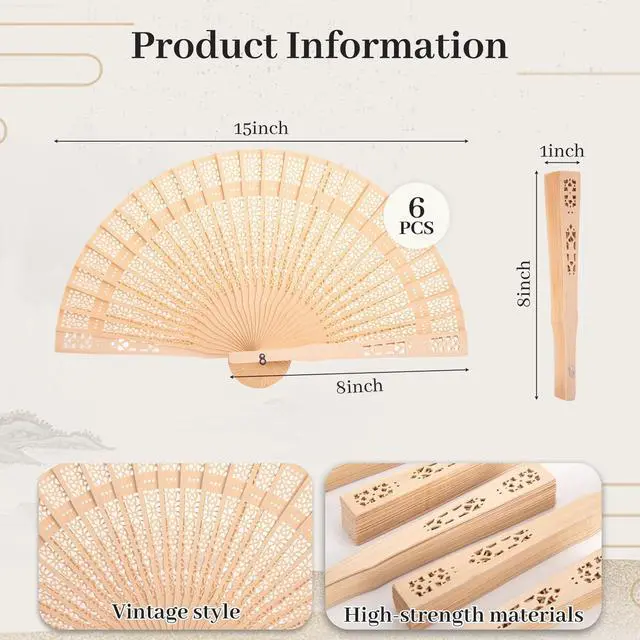 Alt view image 7 of 7 - Decorative Hand Fans Foldable, 6 Packs Wooden Vintage Handheld | Folding Sandalwood Hollow Carved Fans Handheld Chinese, and Japanese Style Crafts for Gifts, Photography Props, Home Decor