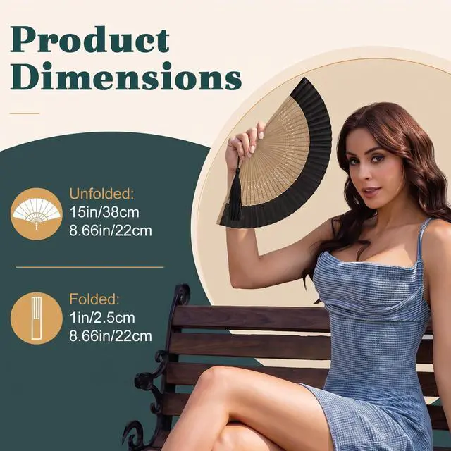 Alt view image 2 of 6 - Folding Hand Fan for Women, Japanese Bamboo Silk Handheld Foldable Fan for Hot Flashes, Church, Rave, Wedding Gift (Brown-Bamboo-S)