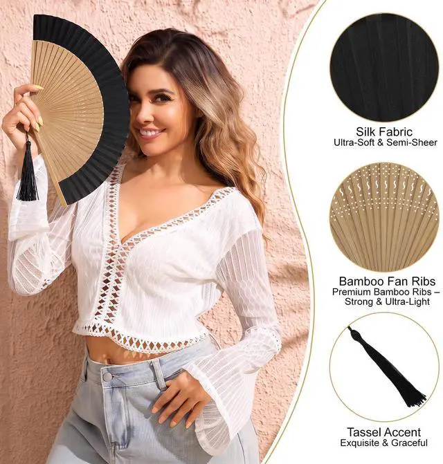 Alt view image 3 of 6 - Folding Hand Fan for Women, Japanese Bamboo Silk Handheld Foldable Fan for Hot Flashes, Church, Rave, Wedding Gift (Brown-Bamboo-S)