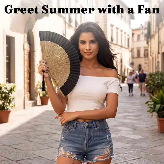 Alt view image 4 of 6 - Folding Hand Fan for Women, Japanese Bamboo Silk Handheld Foldable Fan for Hot Flashes, Church, Rave, Wedding Gift (Brown-Bamboo-S)