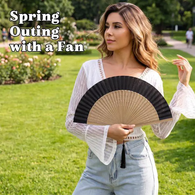Alt view image 6 of 6 - Folding Hand Fan for Women, Japanese Bamboo Silk Handheld Foldable Fan for Hot Flashes, Church, Rave, Wedding Gift (Brown-Bamboo-S)