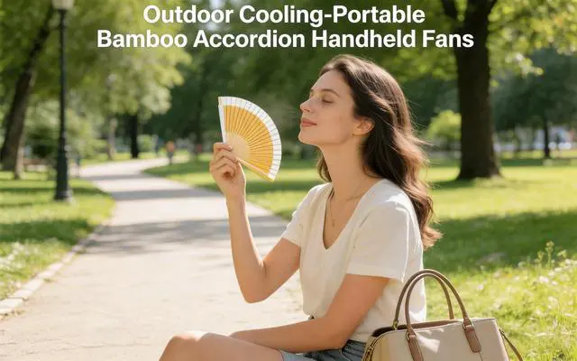 Alt view image 2 of 7 - Bamboo Folding Hand Fan 2-Pack, 9-17in Accordion for Dancing | Bamboo, folds to 9in, opens to 17in, quick-flick opening, vintage style, for dance home decor