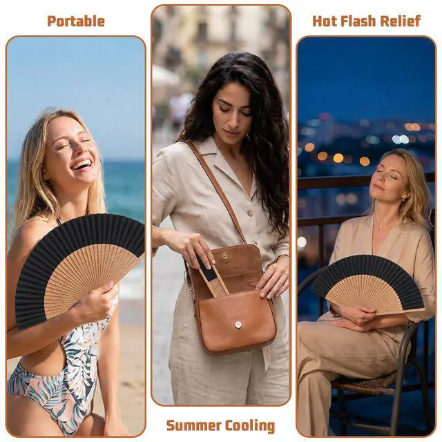 Alt view image 2 of 7 - Handheld Folding Fan, Bamboo Foldable Hand Fan for Women | Portable Decorative Chinese Fans for Hot Flashes, Summer Cooling, Dancing Wedding Church Performance, Black