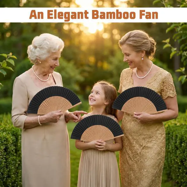 Alt view image 5 of 7 - Handheld Folding Fan, Bamboo Foldable Hand Fan for Women | Portable Decorative Chinese Fans for Hot Flashes, Summer Cooling, Dancing Wedding Church Performance, Black