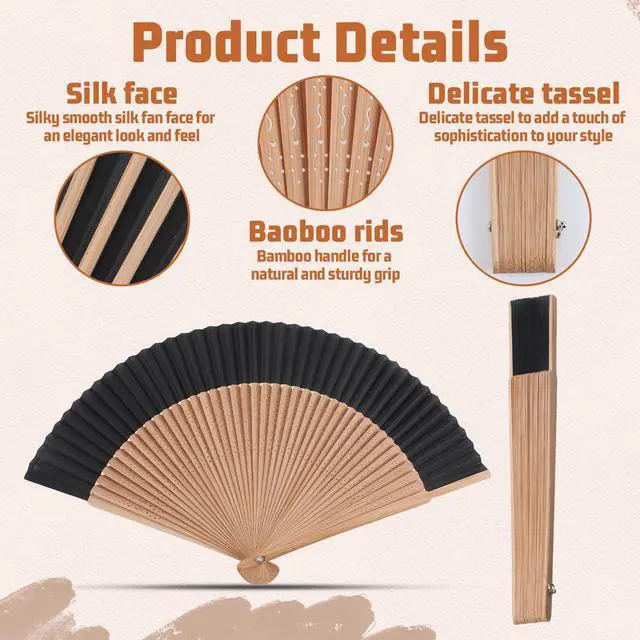 Alt view image 4 of 7 - Handheld Folding Fan, Bamboo Foldable Hand Fan for Women | Portable Decorative Chinese Fans for Hot Flashes, Summer Cooling, Dancing Wedding Church Performance, Black