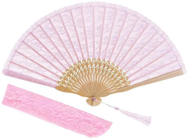 Main image of Pink Lace Handheld Fan Bamboo Folding Fan | Bamboo Silk Hand Fan,for Women,Wedding,Decoration,Dancing Party