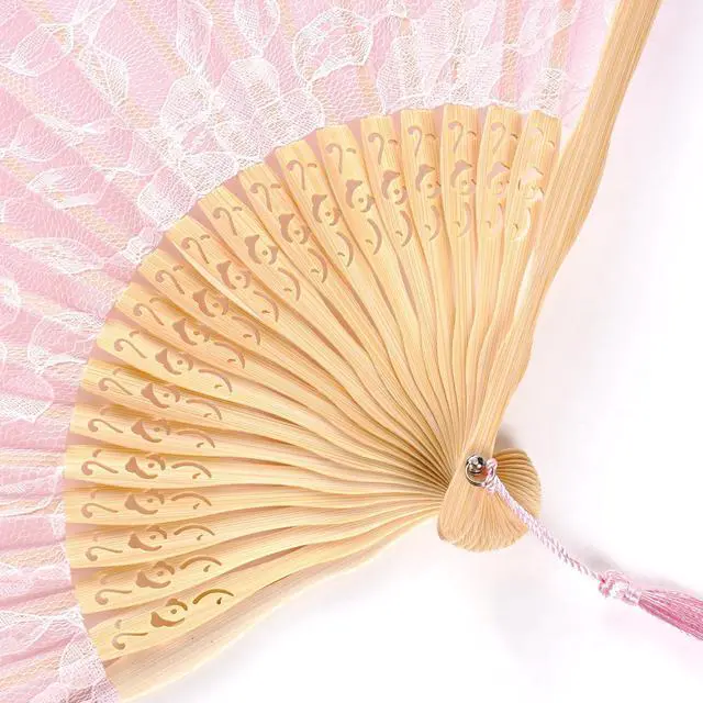 Alt view image 3 of 7 - Pink Lace Handheld Fan Bamboo Folding Fan | Bamboo Silk Hand Fan,for Women,Wedding,Decoration,Dancing Party