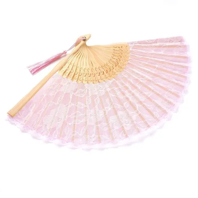 Alt view image 5 of 7 - Pink Lace Handheld Fan Bamboo Folding Fan | Bamboo Silk Hand Fan,for Women,Wedding,Decoration,Dancing Party