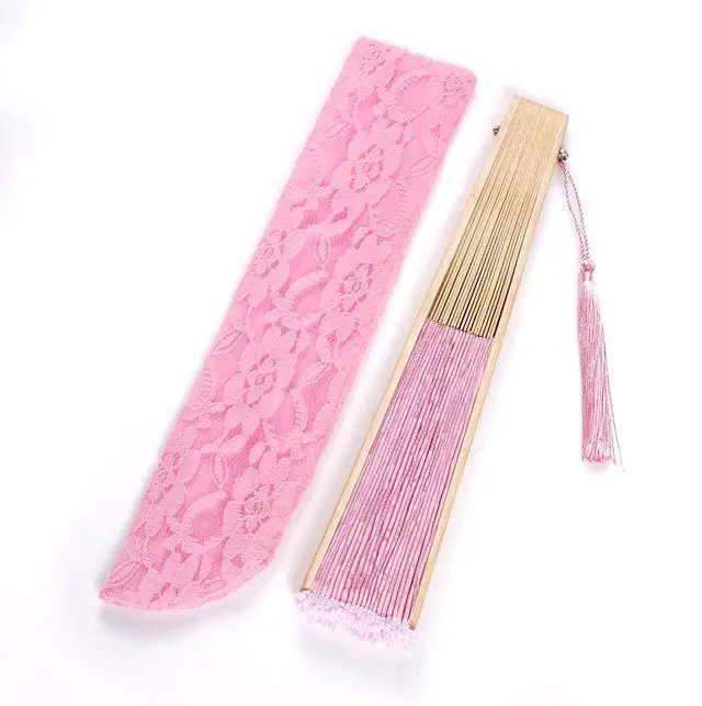 Alt view image 6 of 7 - Pink Lace Handheld Fan Bamboo Folding Fan | Bamboo Silk Hand Fan,for Women,Wedding,Decoration,Dancing Party