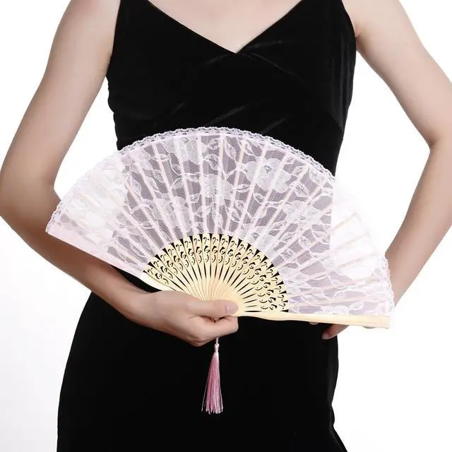 Alt view image 7 of 7 - Pink Lace Handheld Fan Bamboo Folding Fan | Bamboo Silk Hand Fan,for Women,Wedding,Decoration,Dancing Party