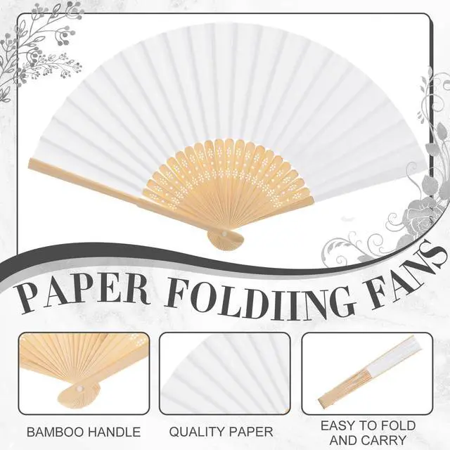 Alt view image 4 of 6 - 4 Pack Folding Hand Fans Bamboo for Party Favors,White | Bulk Fans Ideal for Weddings, Bridal Showers, Church Events, Dancing, DIY Decor, Craft Projects, Women Gifts, Party Use