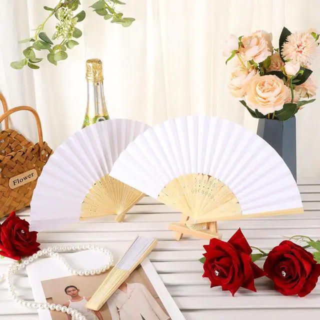 Alt view image 6 of 6 - 4 Pack Folding Hand Fans Bamboo for Party Favors,White | Bulk Fans Ideal for Weddings, Bridal Showers, Church Events, Dancing, DIY Decor, Craft Projects, Women Gifts, Party Use