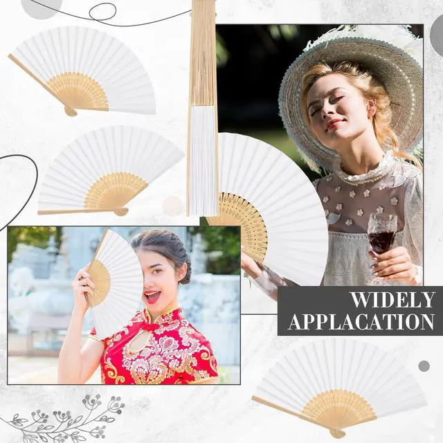 Alt view image 5 of 6 - 4 Pack Folding Hand Fans Bamboo for Party Favors,White | Bulk Fans Ideal for Weddings, Bridal Showers, Church Events, Dancing, DIY Decor, Craft Projects, Women Gifts, Party Use