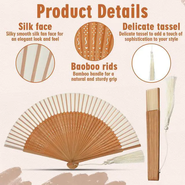 Alt view image 4 of 7 - Handheld Folding Fan, Portable Bamboo Hand Fans for Women Foldable, Decorative Chinese Fan for Hot Flashes, Summer Cooling, Dancing Wedding Church Performance (White)