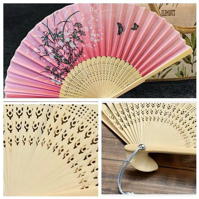 Alt view image 3 of 6 - 2 Pieces Handheld Fans | Silk Folding Foldable Fans Vintage Bamboo Frames Chinese Japanese Fans for Dancing Cosplay Wedding Party Props Decoration