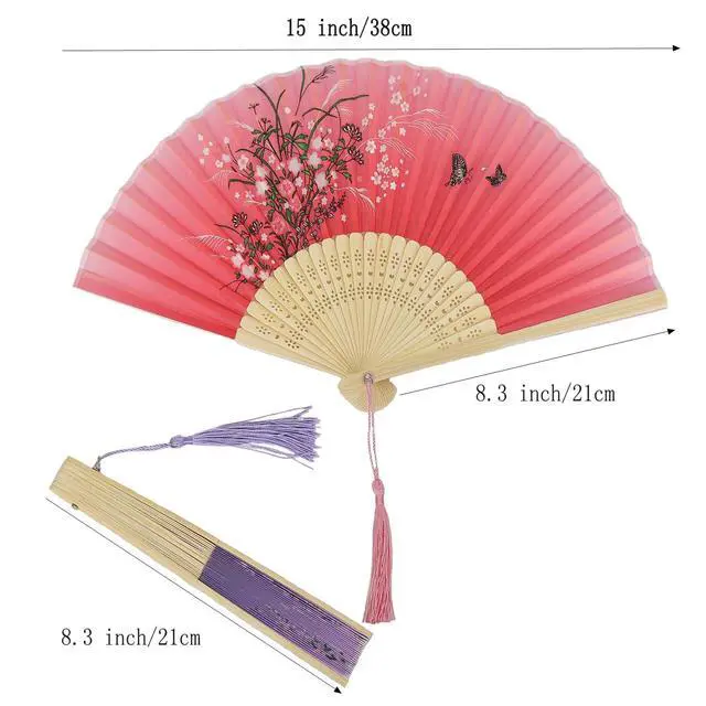 Alt view image 2 of 6 - 2 Pieces Handheld Fans | Silk Folding Foldable Fans Vintage Bamboo Frames Chinese Japanese Fans for Dancing Cosplay Wedding Party Props Decoration