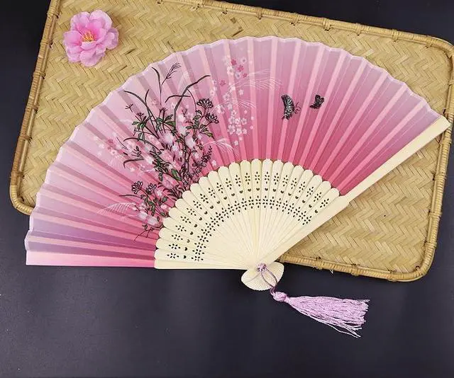 Alt view image 5 of 6 - 2 Pieces Handheld Fans | Silk Folding Foldable Fans Vintage Bamboo Frames Chinese Japanese Fans for Dancing Cosplay Wedding Party Props Decoration