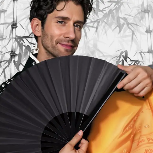 Alt view image 5 of 6 - Folding Hand Fan with Bamboo for Women Men, Chinese Japanese Rave Fan Hand Fans for Festival, Dance, Gift, Performance, Decorations (Bamboo fan black 2p)