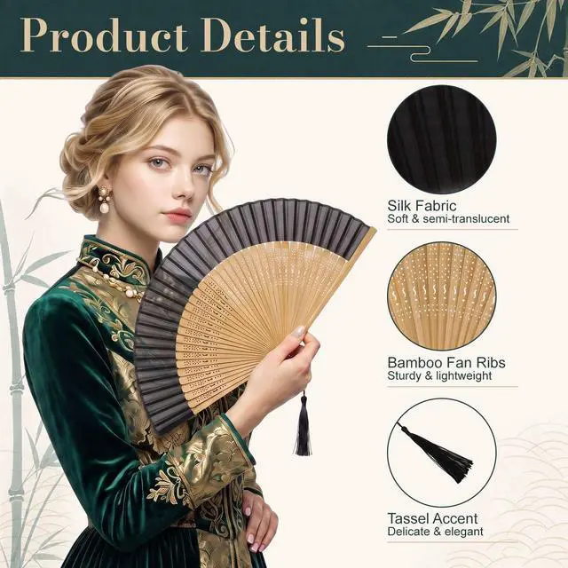 Alt view image 4 of 6 - Folding Hand Fan for Women, Foldable Chinese Japanese Vintage Bamboo Silk Handheld Fan for Dance Music Festival Wedding Church Decoration (Sexy Bamboo)