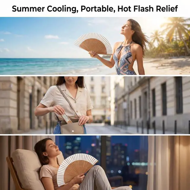 Alt view image 6 of 7 - Folding Hand Fan Bamboo Wooden Handheld Fan Manual Hand Held Fans for Women Vintage Asian Foldable Dance Silk Fans for Tea Party Summer Wedding Gifts Festival Decor