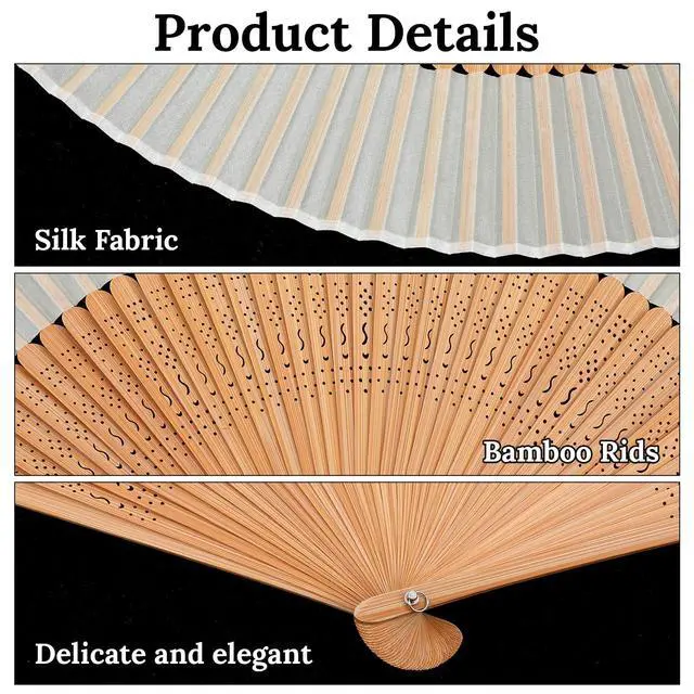 Alt view image 3 of 6 - Hand Held Folding Fan for Women, Chinese Japanese Vintage Bamboo Silk Fans, Hand Held Bamboo Silk Folding Fan, Elegant Foldable Fans for Dance, Music Festival, Wedding, Church, Party, (White)