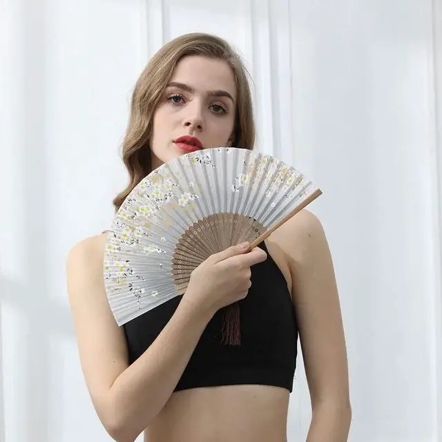 Alt view image 4 of 7 - Charming Elegant Modern Woman Handmade Bamboo Silk 8.27" (21cm) Folding Pocket Purse Hand Fan Foldable, Collapsible Transparent Holding Painted Fan with Silk Pouches/Wrapping. (CZT-06)