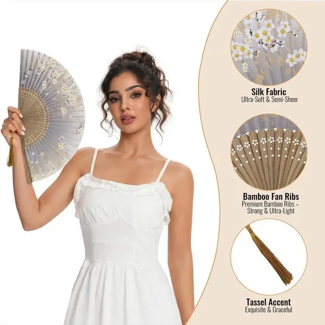Alt view image 3 of 7 - Charming Elegant Modern Woman Handmade Bamboo Silk 8.27" (21cm) Folding Pocket Purse Hand Fan Foldable, Collapsible Transparent Holding Painted Fan with Silk Pouches/Wrapping. (CZT-06)