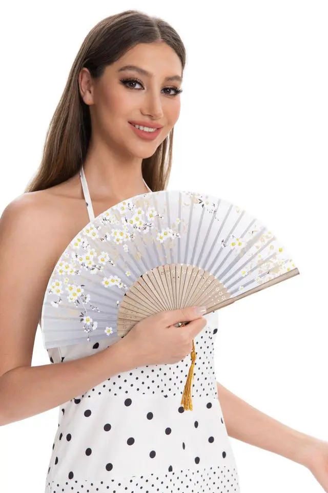Alt view image 7 of 7 - Charming Elegant Modern Woman Handmade Bamboo Silk 8.27" (21cm) Folding Pocket Purse Hand Fan Foldable, Collapsible Transparent Holding Painted Fan with Silk Pouches/Wrapping. (CZT-06)