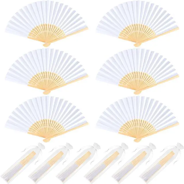 Main image of 6Pcs White Handheld Paper Fans 8.3 Inch Hand Held Bamboo Fans Foldable for Wedding Decoration Outdoor Party Favors DIY Decoration Dancing Photography Props