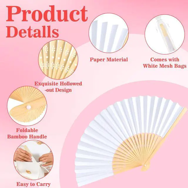 Alt view image 3 of 6 - 6Pcs White Handheld Paper Fans 8.3 Inch Hand Held Bamboo Fans Foldable for Wedding Decoration Outdoor Party Favors DIY Decoration Dancing Photography Props