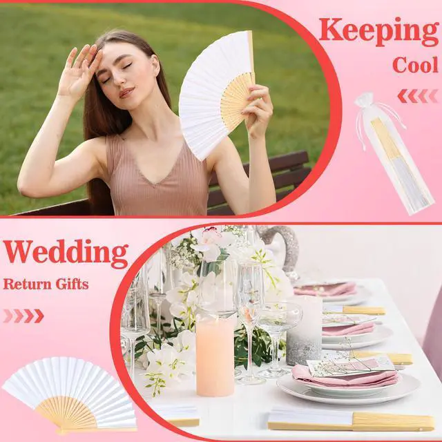 Alt view image 4 of 6 - 6Pcs White Handheld Paper Fans 8.3 Inch Hand Held Bamboo Fans Foldable for Wedding Decoration Outdoor Party Favors DIY Decoration Dancing Photography Props