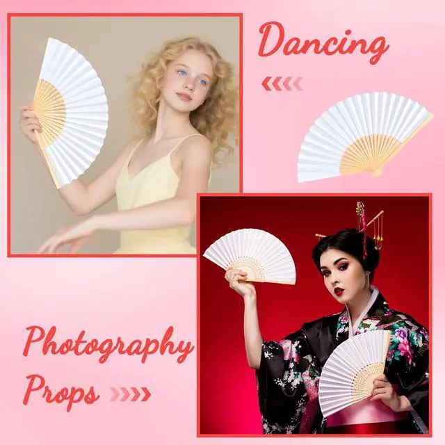 Alt view image 5 of 6 - 6Pcs White Handheld Paper Fans 8.3 Inch Hand Held Bamboo Fans Foldable for Wedding Decoration Outdoor Party Favors DIY Decoration Dancing Photography Props
