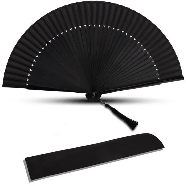 Main image of Folding Hand Fan for Women, Japanese Bamboo Silk Handheld Foldable Fan for Hot Flashes, Church, Rave, Wedding Gift (Black)