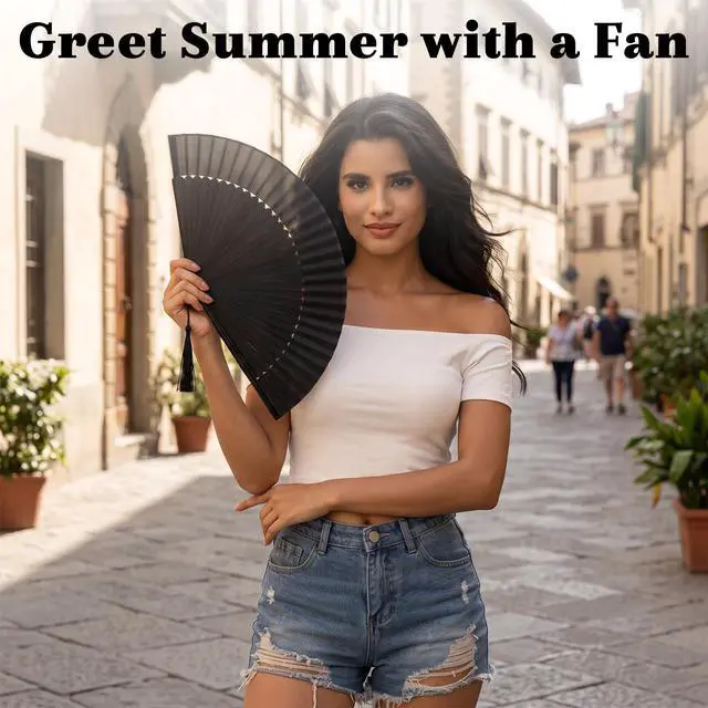 Alt view image 4 of 6 - Folding Hand Fan for Women, Japanese Bamboo Silk Handheld Foldable Fan for Hot Flashes, Church, Rave, Wedding Gift (Black)