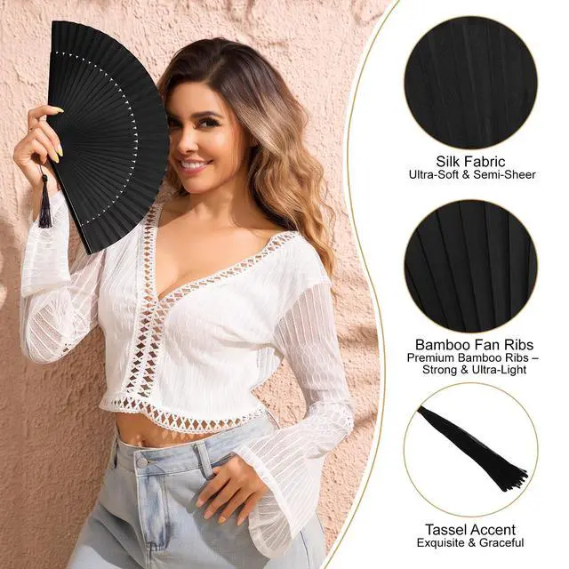Alt view image 3 of 6 - Folding Hand Fan for Women, Japanese Bamboo Silk Handheld Foldable Fan for Hot Flashes, Church, Rave, Wedding Gift (Black)