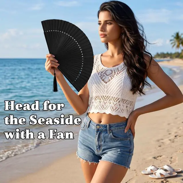 Alt view image 5 of 6 - Folding Hand Fan for Women, Japanese Bamboo Silk Handheld Foldable Fan for Hot Flashes, Church, Rave, Wedding Gift (Black)