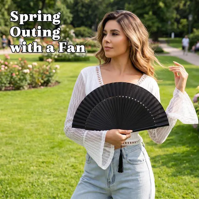 Alt view image 6 of 6 - Folding Hand Fan for Women, Japanese Bamboo Silk Handheld Foldable Fan for Hot Flashes, Church, Rave, Wedding Gift (Black)