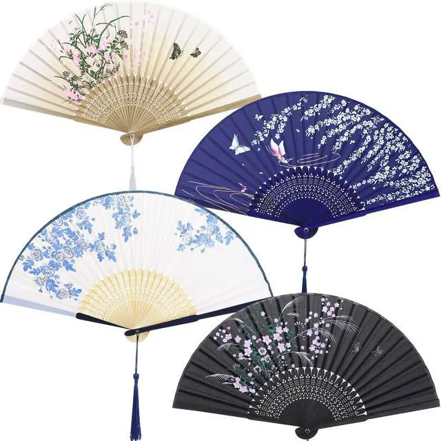 Main image of 4 Pack Folding Fans Handheld Silk Fans | Bamboo Fans with Tassel, Lightweight Foldable Festival Gift, Wedding Supplies, Party Decor, Photo Props, Wall Ornament